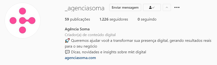 Exemplo de bio do Instagram da Agência Soma